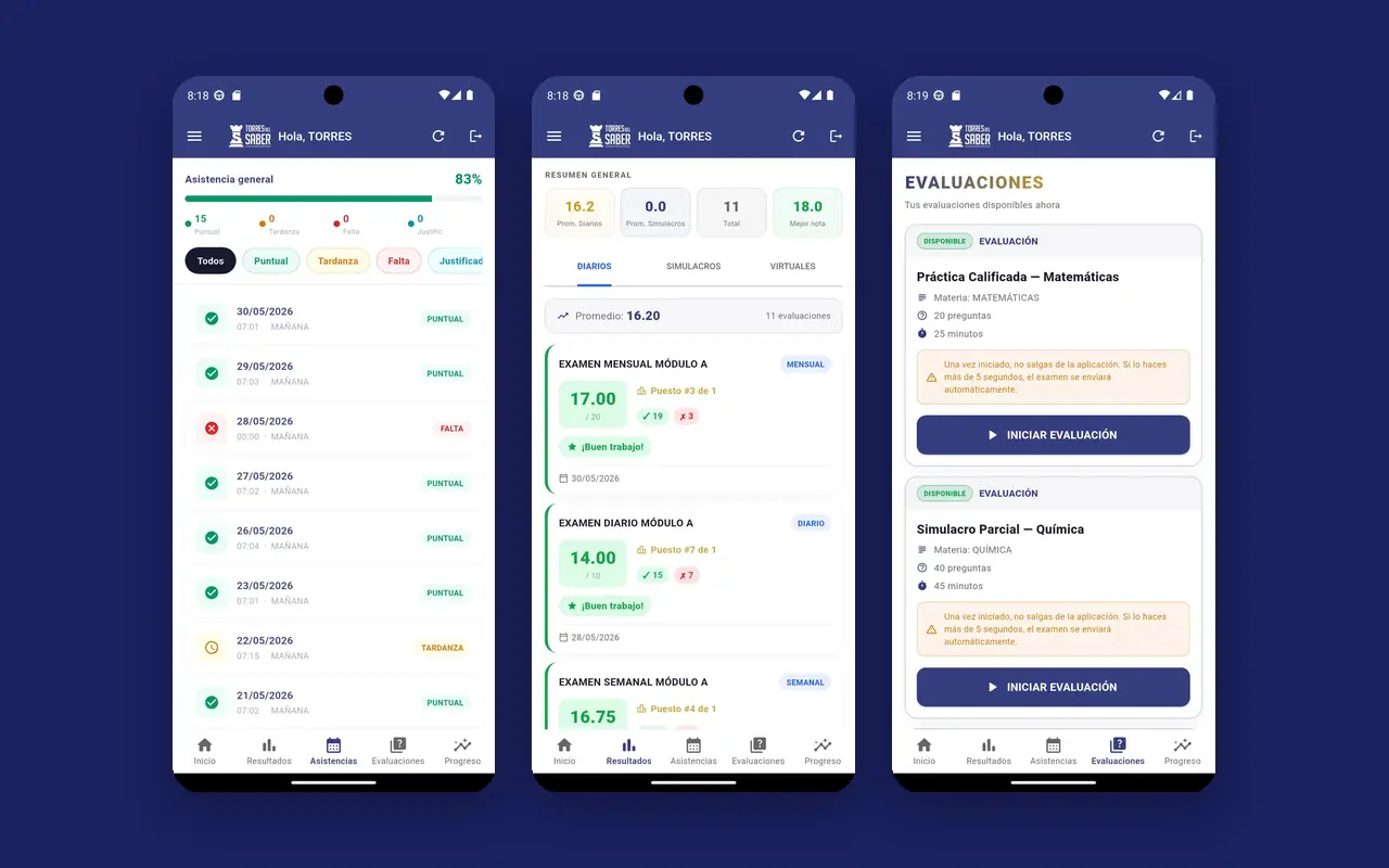 Tres pantallas de la app de la Academia Torres del Saber: asistencia, resultados de exámenes y evaluaciones disponibles