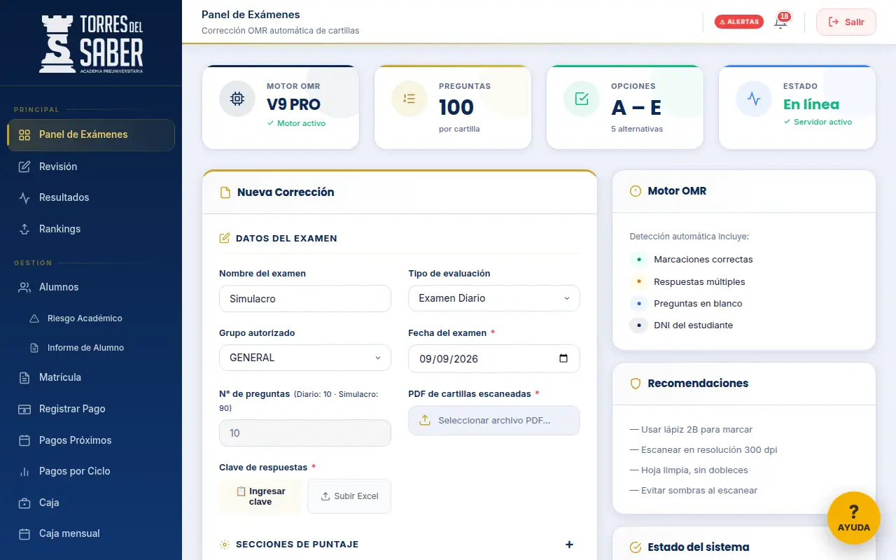 Panel de corrección de exámenes del sistema de la Academia Torres del Saber: lector óptico de cartillas y formulario de una corrección nueva