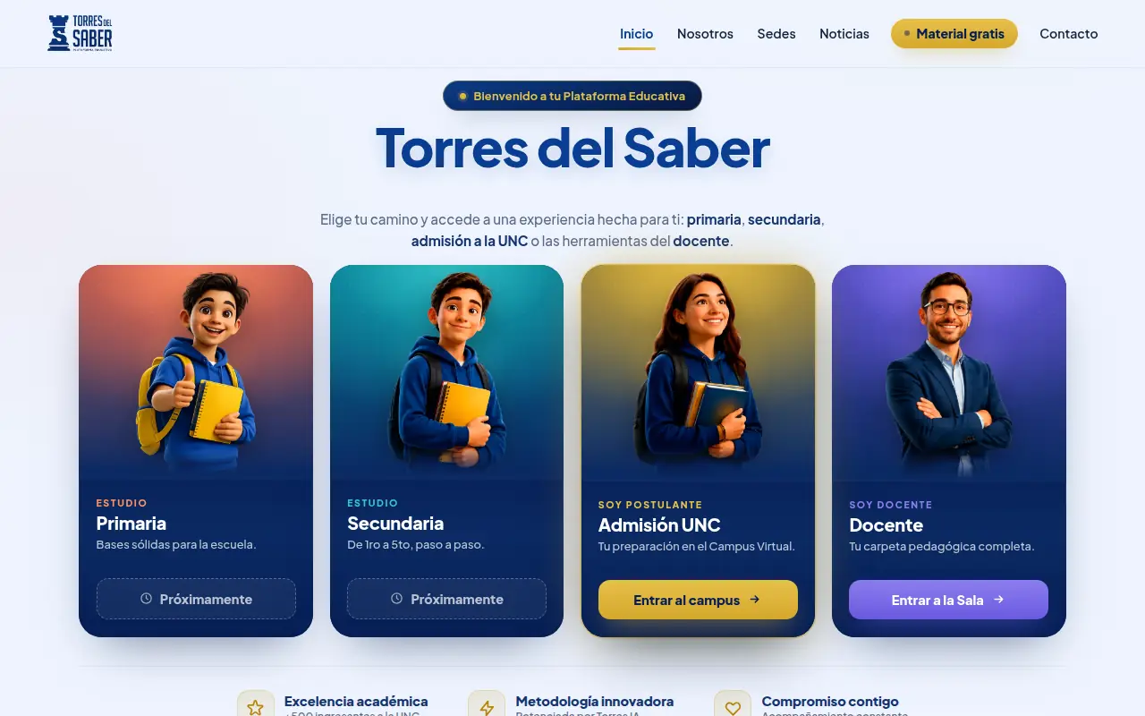 Portada de la web de la Academia Torres del Saber: cuatro caminos de entrada — primaria, secundaria, admisión a la UNC y docente